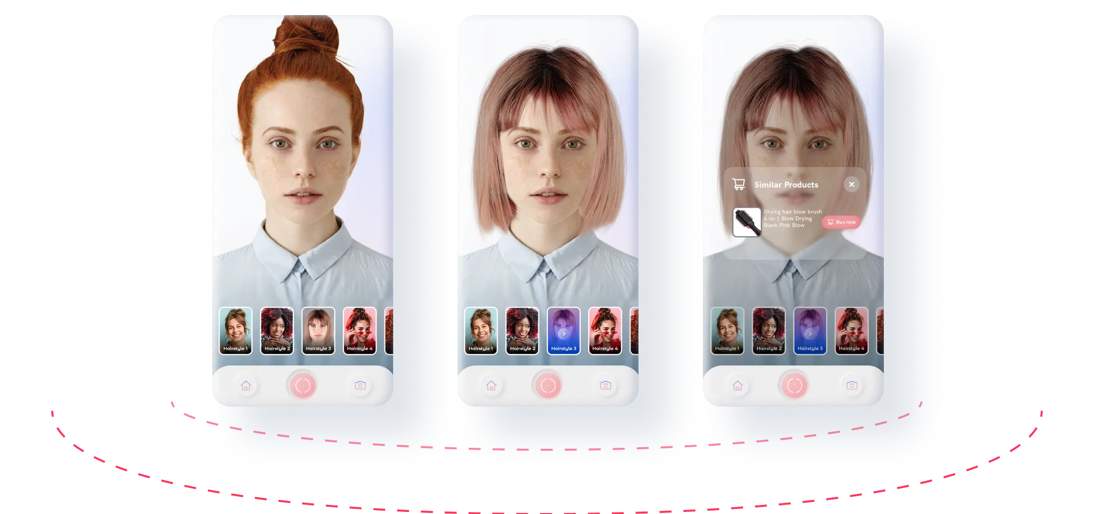 A girl trying virtual hairstyle try-on of Orbo AI in an app and a hairbrush is recommended to her based on her selection