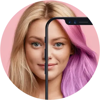 A blonde girl virtually trying pink hair color using mobile