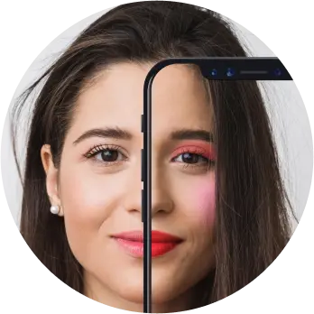 A girl has tried lipstick, eyeshadow and blush virtually using virtual makeup try-on app