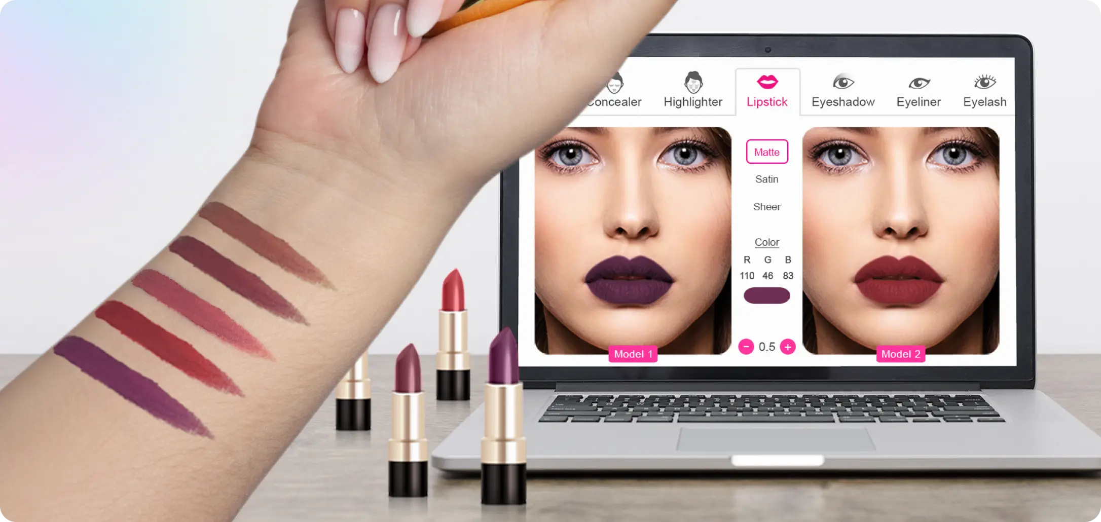 Hand of a woman trying lipstick swatches and a laptop screen showing virtual lipstick try-on
