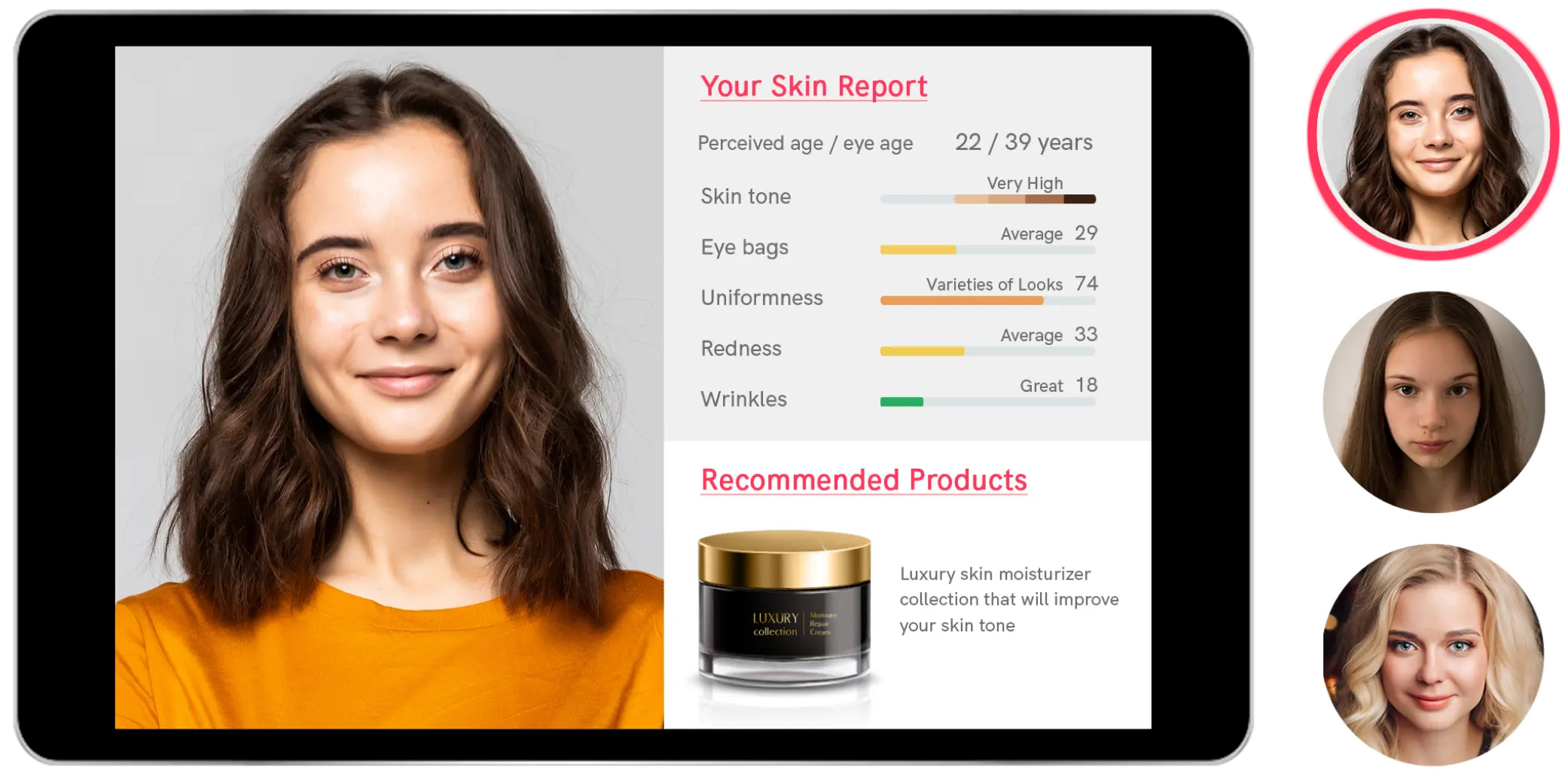A girl has used the AI Skin Analysis of Orbo AI. She received her skin report that has different parameters and based on these skin issues parameters and skincare product is recommended to her