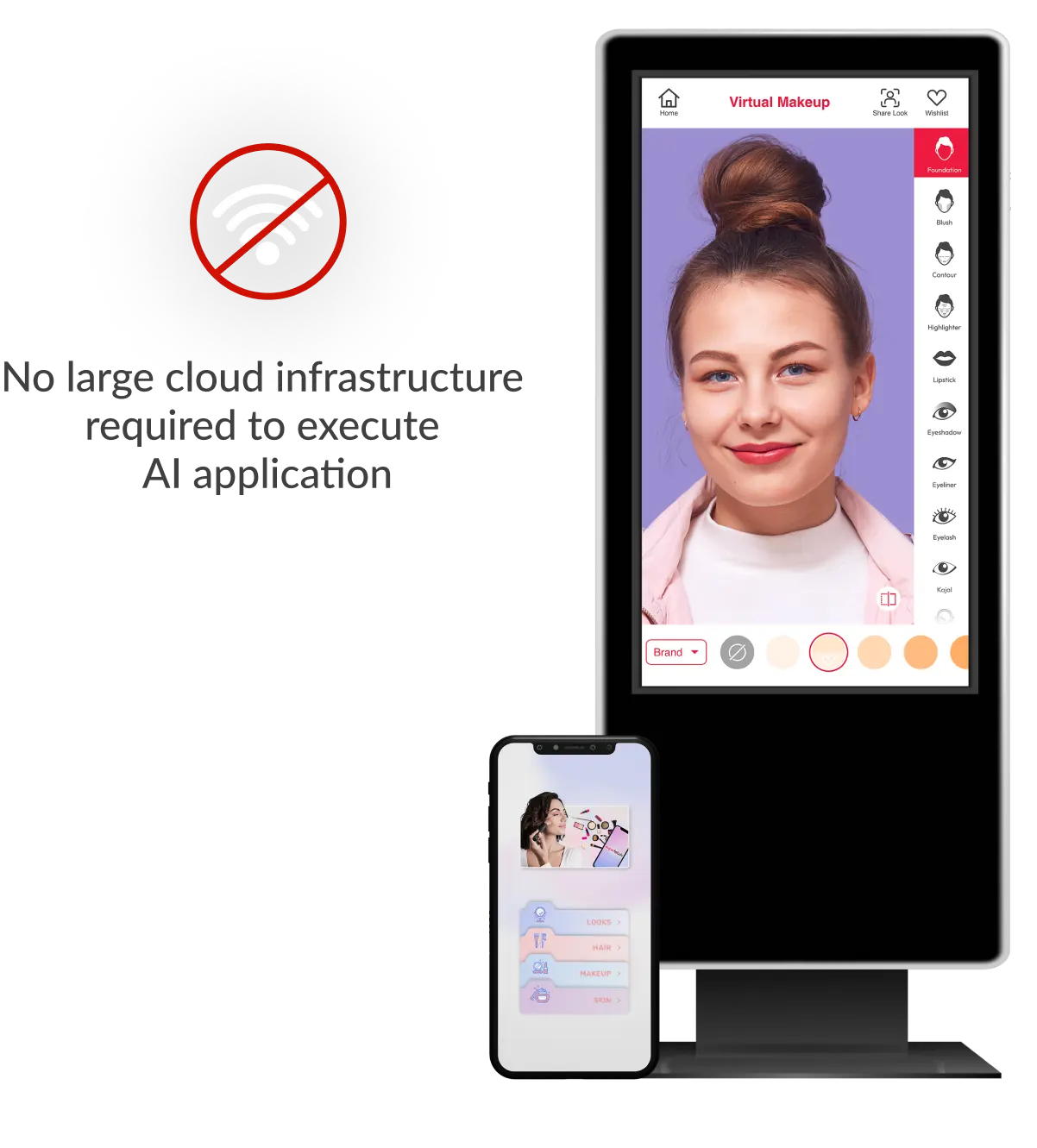 Face of a girl is analysed on digital kiosk and mobile app with virtual makeup try-on app. No large cloud infrastructure 
					required to execute 
					AI applications using Orbo’s AI technology
					