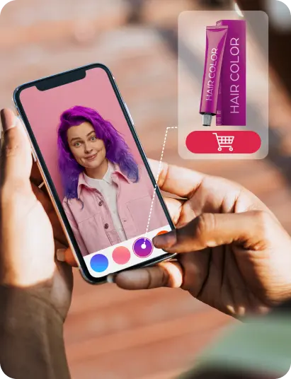 Girl has virtually tried a mix of two hair colors using virtual hair color try-on app and a product is recommended