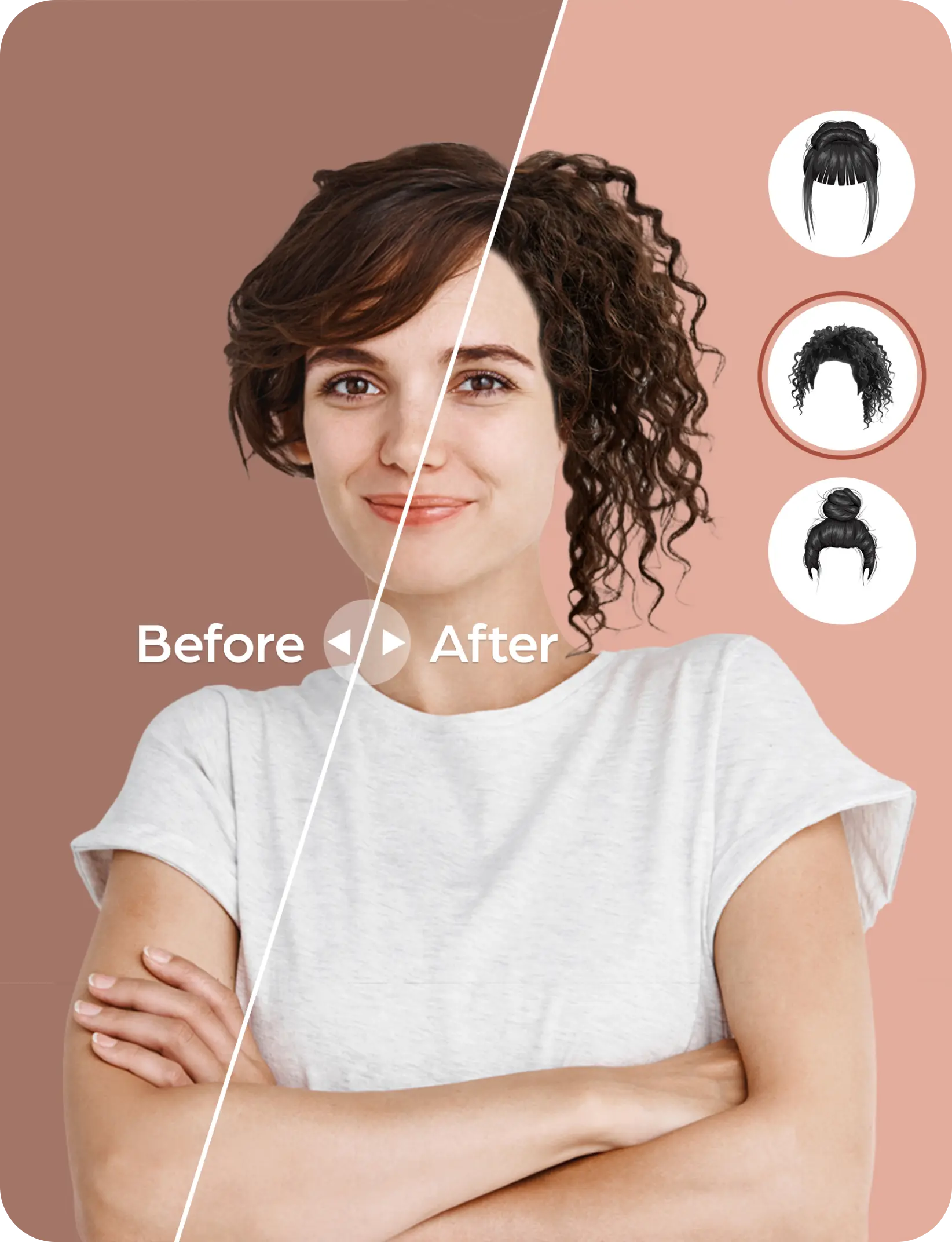 A girl with normal hair trying virtual hairstyle try-on. She has changed her hair to curly