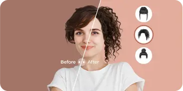A girl with normal hair trying virtual hairstyle try-on. She has changed her hair to curly